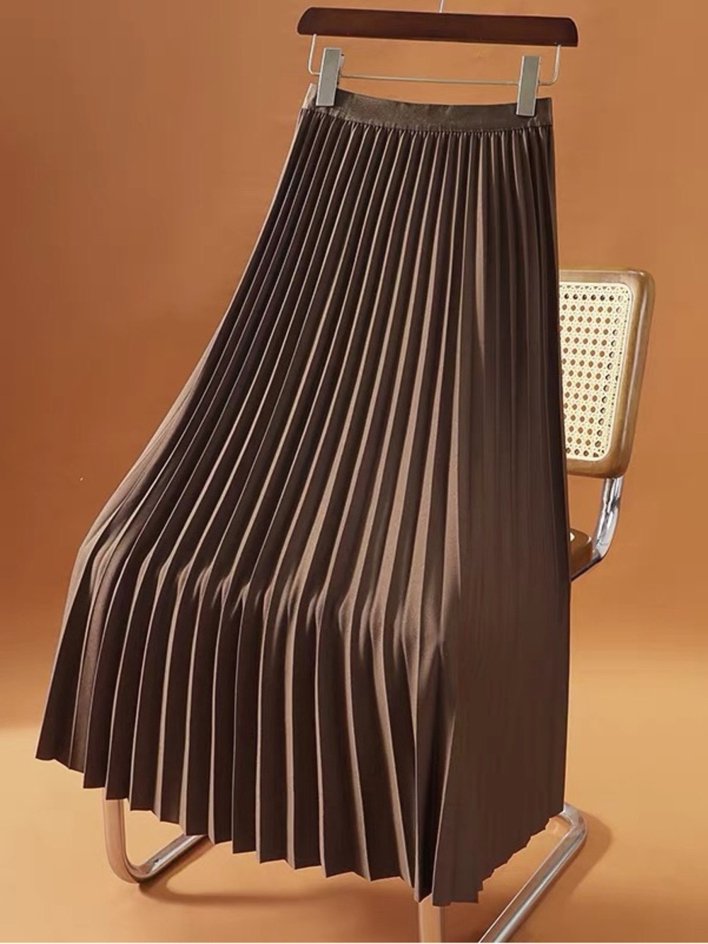 Women's Brown Pleated Maxi Satin Skirt with Elastic Waist